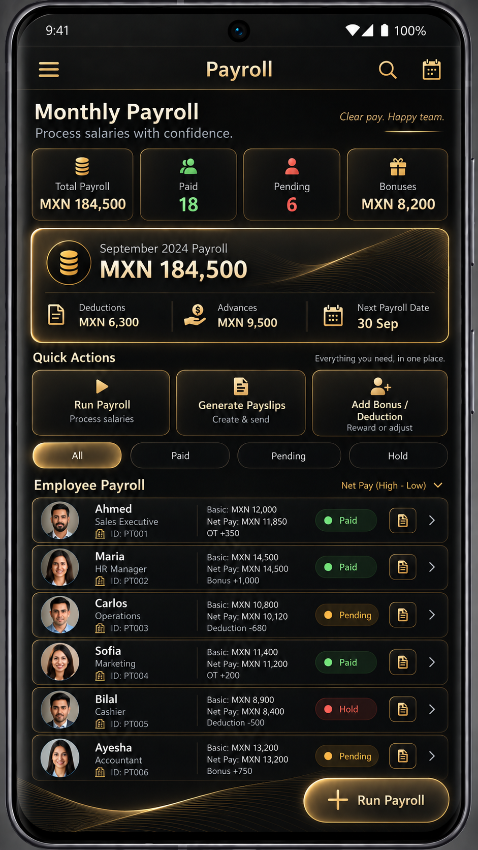 Monthly payroll screen